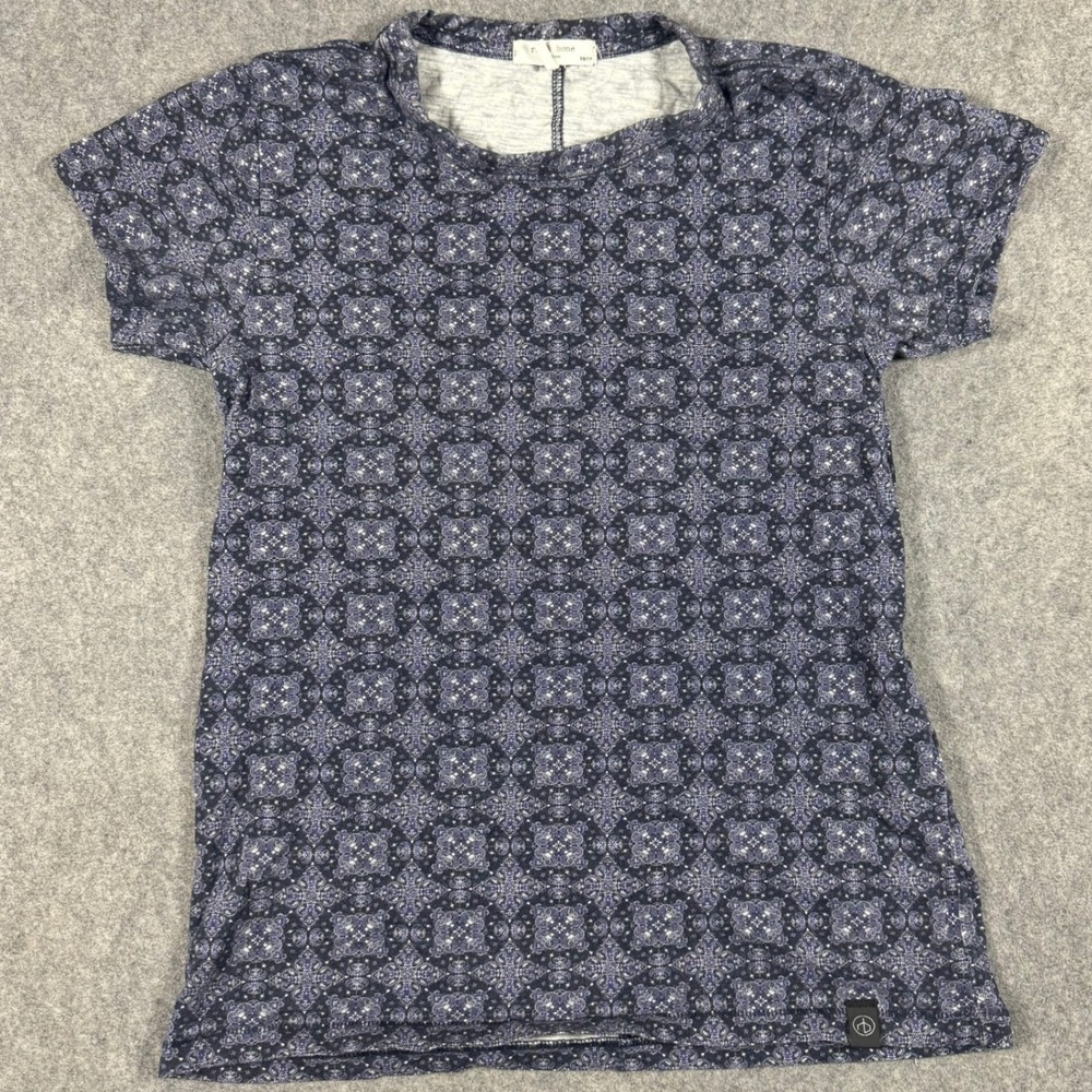 Rag & Bone T-Shirt Womens XS Blue White Medallion Print Pima Cotton Short Sleeve